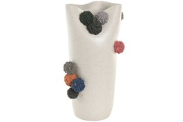 DKD Home Decor Jarrón de Cerámica Blanco con Pompones