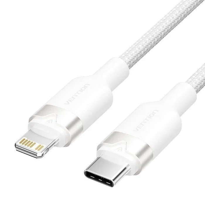 Vention LALWF Cable USB Tipo-C a Lightning Macho, 27W, 480Mbps, 1m, Aluminio Trenzado, Blanco