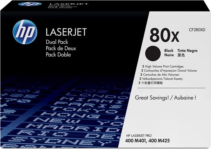 HP 80X CF280XD Negro Pack de 2 Cartuchos de Tóner XL