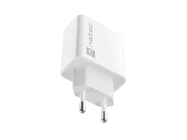 Natec Ribera Cargador de Pared USB 20W Power Delivery y Quick Charge 3.0 con 1 Puerto USB-A y 1 USB-C para Carga Rápida, Color Blanco, para Interiores, Alimentación CA