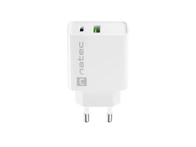 Natec Ribera Cargador de Pared USB 20W Power Delivery y Quick Charge 3.0 con 1 Puerto USB-A y 1 USB-C para Carga Rápida, Color Blanco, para Interiores, Alimentación CA