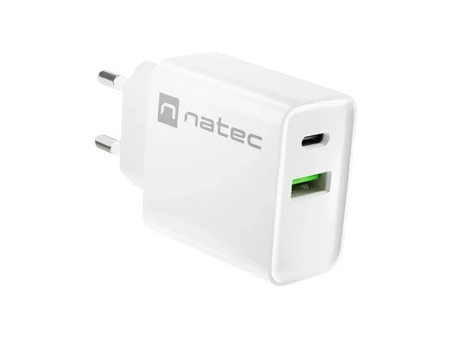 Natec Ribera Cargador de Pared USB 20W Power Delivery y Quick Charge 3.0 con 1 Puerto USB-A y 1 USB-C para Carga Rápida, Color Blanco, para Interiores, Alimentación CA