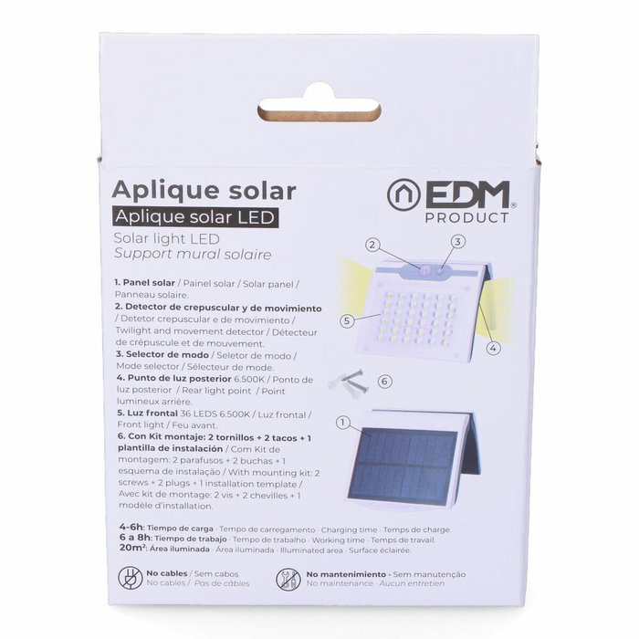 Edm Aplique solar blanco con sensor de 2W y 220 lm