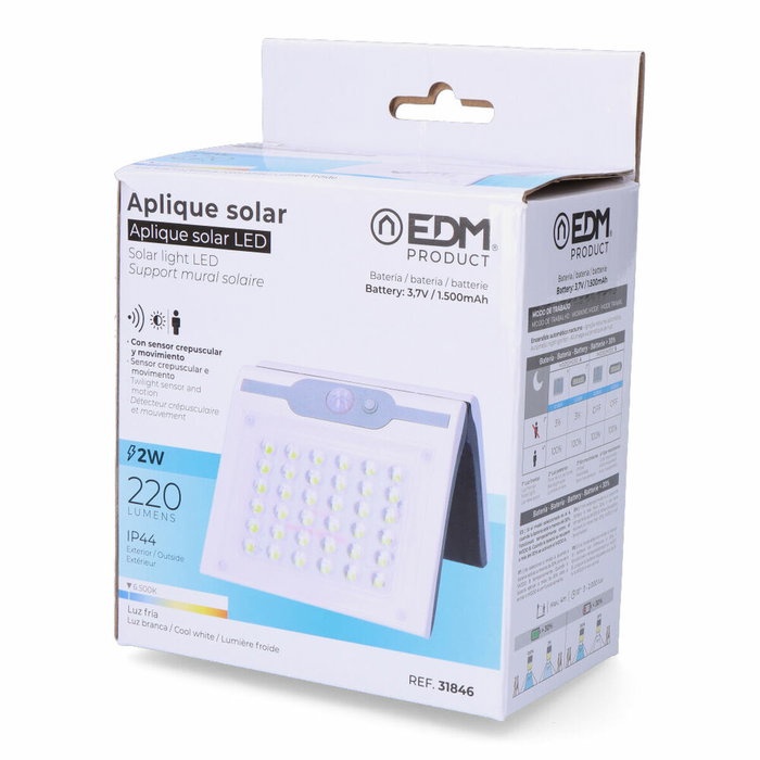 Edm Aplique solar blanco con sensor de 2W y 220 lm