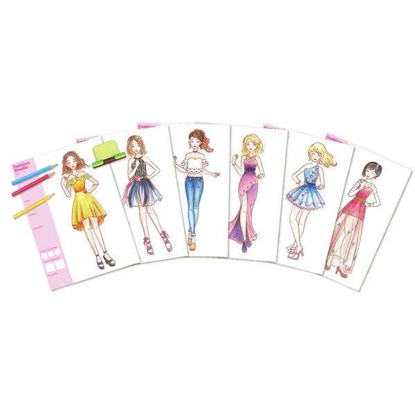 Hape Estudio de Moda para Dibujar Diseños con Placas, Lápices, Cera y Hojas de Papel, 27,5x20,5x5,5cm