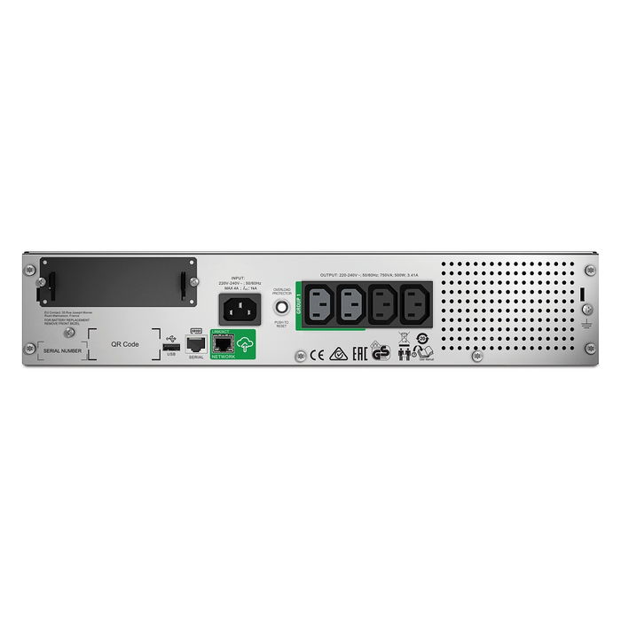 APC SMT750RMI2UC Smart-UPS Rack 2U 750VA 500W Line-Interactive, Onda Sinusoidal Pura, 4 Salidas AC, Batería Hot-Swap, Montaje en Rack