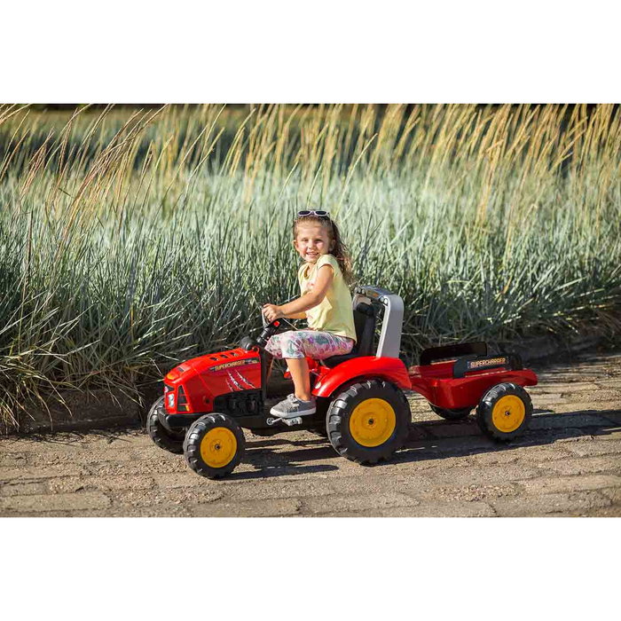 Falk Tractor de pedal SuperCharger rojo con capó de apertura y remolque Falk Tractor de pedal SuperCharger rojo con capó de apertura y remolque
