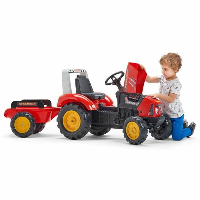 Falk Tractor de pedal SuperCharger rojo con capó de apertura y remolque Falk Tractor de pedal SuperCharger rojo con capó de apertura y remolque