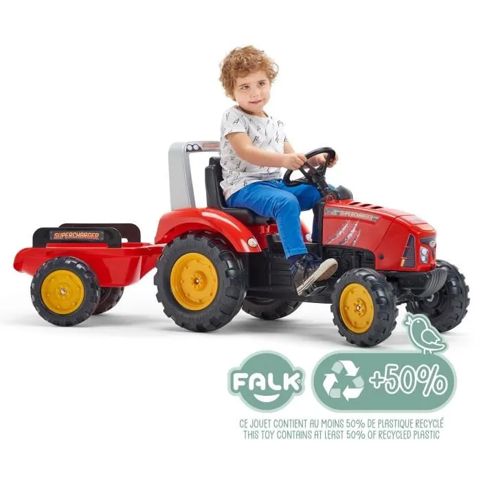 Falk Tractor de pedal rojo SuperCharger con capó de apertura y remolque incluido para niños de 3 a 7 años