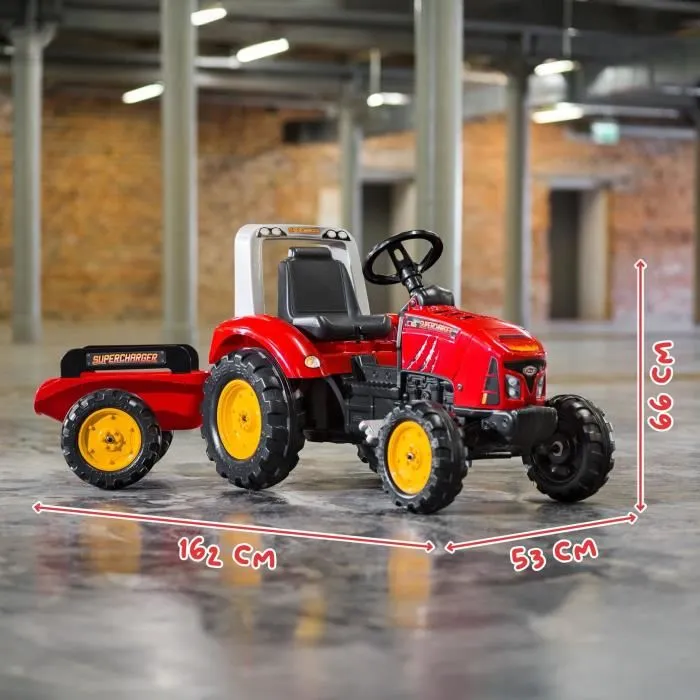 Falk Tractor de pedal rojo SuperCharger con capó de apertura y remolque incluido para niños de 3 a 7 años