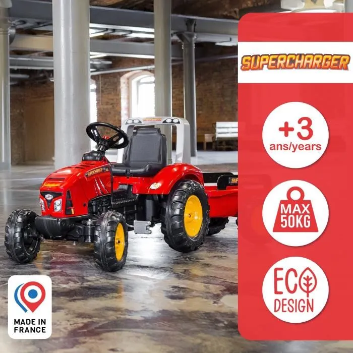 Falk Tractor de pedal rojo SuperCharger con capó de apertura y remolque incluido para niños de 3 a 7 años