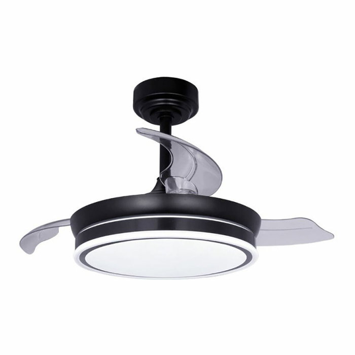 Cristalrecord Ventilador de Techo LED MOSS Mini 3CCT Dimmable, Aspas Retráctiles Ø92 cm, 46W 5580 m³/h, 6 Velocidades, Motor DC, Mando Incluido, Negro