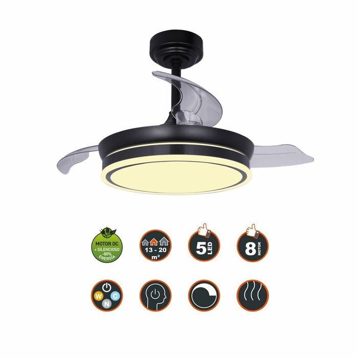 Cristalrecord Ventilador de Techo LED MOSS Mini 3CCT Dimmable, Aspas Retráctiles Ø92 cm, 46W 5580 m³/h, 6 Velocidades, Motor DC, Mando Incluido, Negro