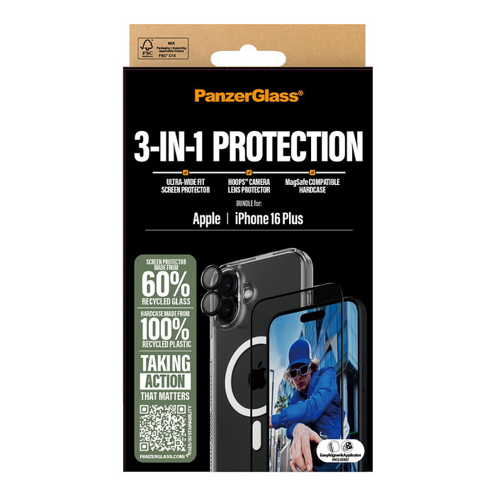 PanzerGlass Protección 3-en-1 para iPhone 16 Plus, Protector de Pantalla y Cámara Resistente a Rayones y Golpes, Transparente