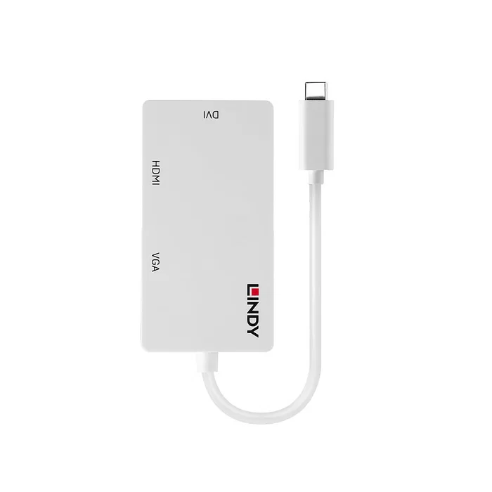 Lindy 43273 Adaptador USB-C a VGA, DVI, HDMI 4K UHD (3840x2160 Pixeles) Blanco