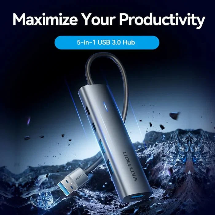 Vention Hub USB 3.0 TGXHB con 1x USB Tipo-C, 3x USB y 1x USB Tipo-C PD, Gris