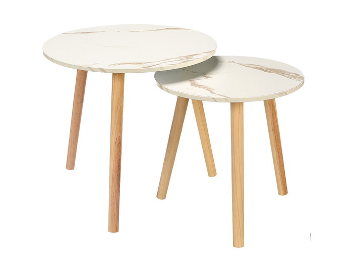 Giftdecor Set 2 Mesas Auxiliares 48 cm y 39 cm Patas Naturales Madera Blanco Natural
