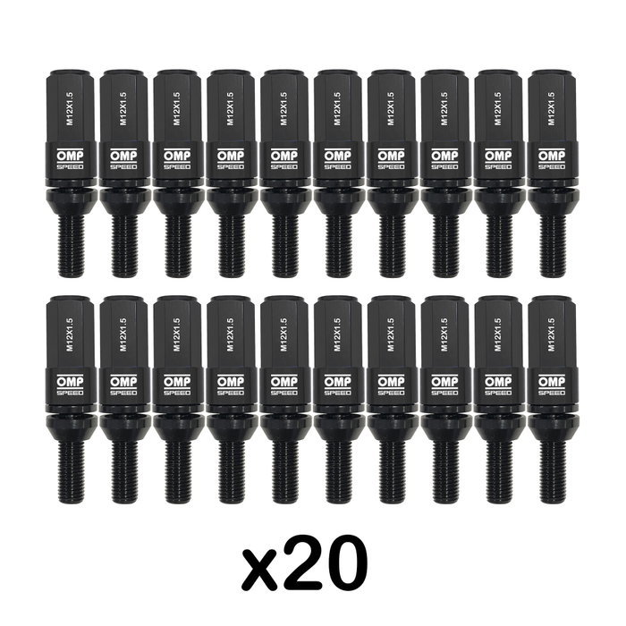 Omp OMPS09981201 Juego 20 Tornillos Rueda M12x1.5 Largo 28 mm Llave 17-19 mm con Protectores Aluminio Colores Negro