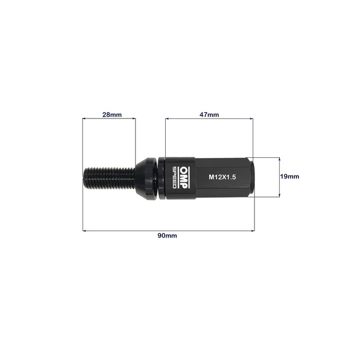 Omp OMPS09981201 Juego 20 Tornillos Rueda M12x1.5 Largo 28 mm Llave 17-19 mm con Protectores Aluminio Colores Negro