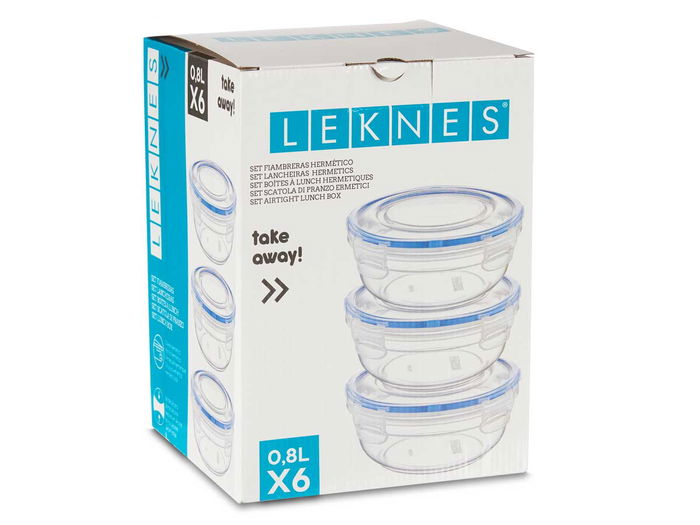 Leknes Set 6 Fiambreras Plástico Redondas 800ml con Tapa, Juego de 6 Contenedores de Alimentos, Azul y Transparente, 15.5x7.5x15.5 cm (Set de 8)