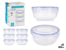 Leknes Set 6 Fiambreras Plástico Redondas 800ml con Tapa, Juego de 6 Contenedores de Alimentos, Azul y Transparente, 15.5x7.5x15.5 cm (Set de 8)