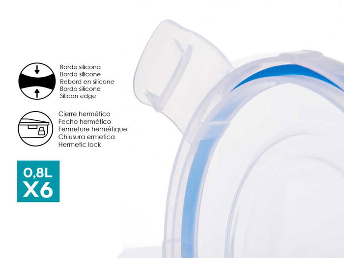 Leknes Set 6 Fiambreras Plástico Redondas 800ml con Tapa, Juego de 6 Contenedores de Alimentos, Azul y Transparente, 15.5x7.5x15.5 cm (Set de 8)