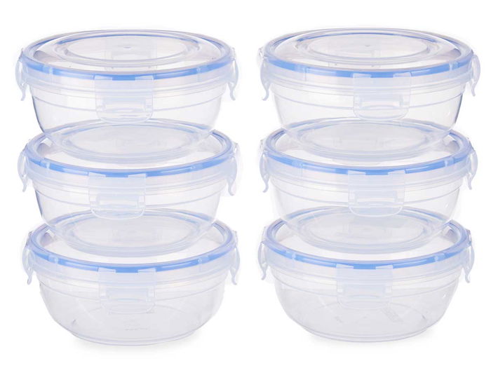 Leknes Set 6 Fiambreras Plástico Redondas 800ml con Tapa, Juego de 6 Contenedores de Alimentos, Azul y Transparente, 15.5x7.5x15.5 cm (Set de 8)