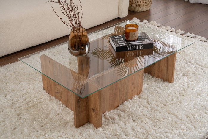 Nordure Flavio Mesa de Centro de Pino Atlántico con Tapa de Cristal Templado 105x65x30cm