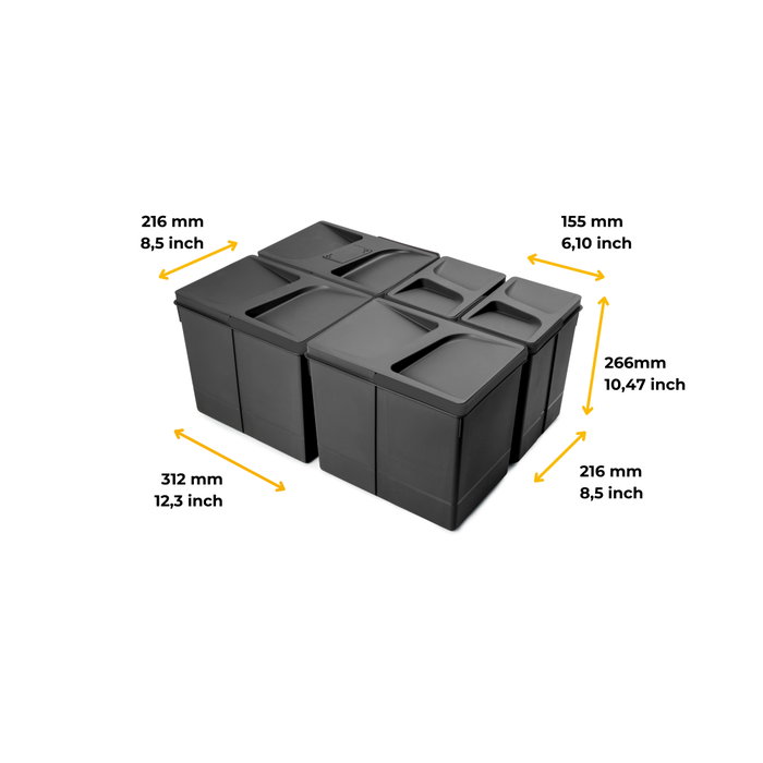 Emuca Contenedores para cajón Recycle 3x15L y 2x7L Negro