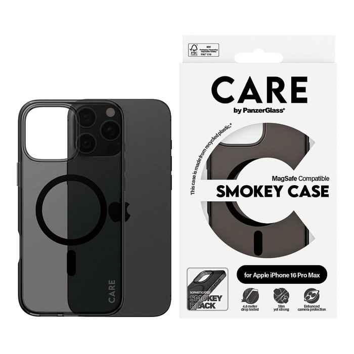 PanzerGlass Flagship Smokey MagSAFE Funda para iPhone 16 Pro Max Negra Resistente a Golpes y Rayones con Protección Antiamarilleamiento MIL-STD-810H