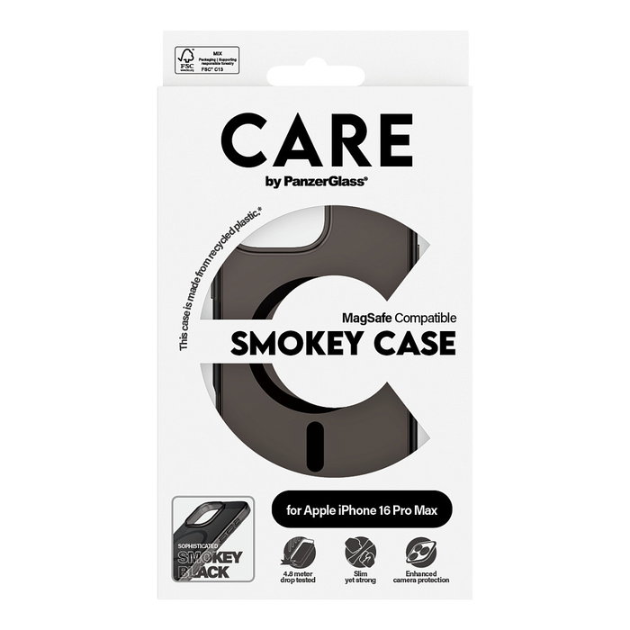 PanzerGlass Flagship Smokey MagSAFE Funda para iPhone 16 Pro Max Negra Resistente a Golpes y Rayones con Protección Antiamarilleamiento MIL-STD-810H