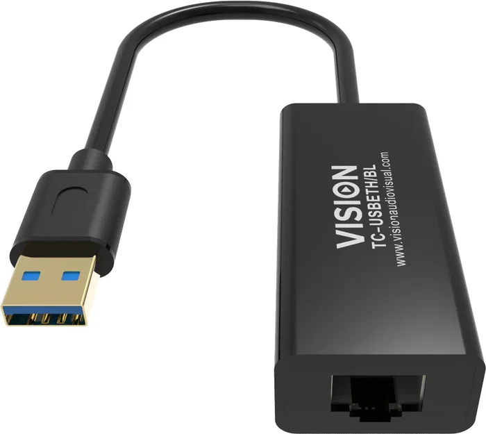Vision TC-USBETH/BL Adaptador USB a Ethernet Fast Ethernet 10/100/1000 Mbps, Negro, Chip Realtek, Compatible con Mac y Windows