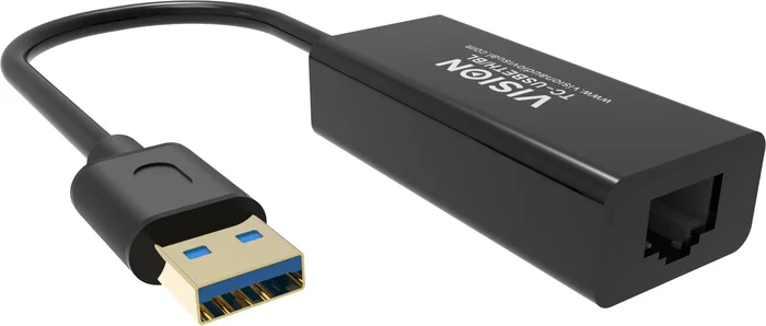 Vision TC-USBETH/BL Adaptador USB a Ethernet Fast Ethernet 10/100/1000 Mbps, Negro, Chip Realtek, Compatible con Mac y Windows