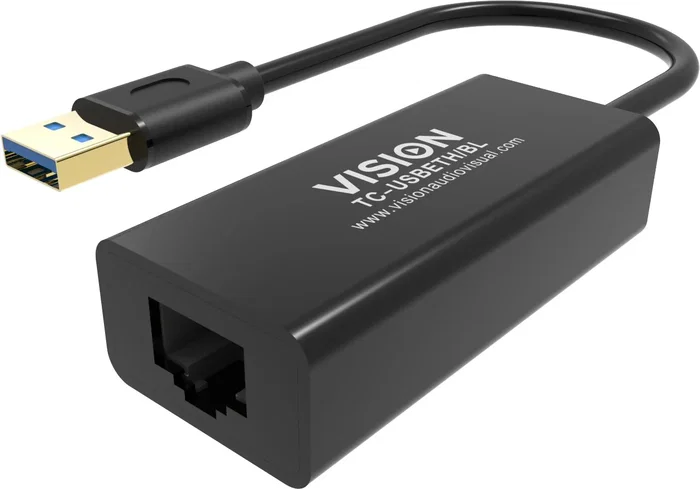 Vision TC-USBETH/BL Adaptador USB a Ethernet Fast Ethernet 10/100/1000 Mbps, Negro, Chip Realtek, Compatible con Mac y Windows