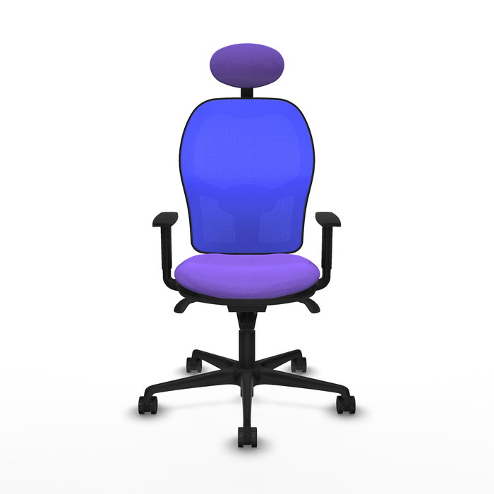 Silla de oficina Jorquera con mecanismo Sincro tapizada con Tela color Lila y malla color Azul. Equipada con lumbar 1D, Brazos 1D, Cabecero Fijo y Ruedas 65mm nailon