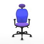 Silla de oficina Jorquera con mecanismo Sincro tapizada con Tela color Lila y malla color Azul. Equipada con lumbar 1D, Brazos 1D, Cabecero Fijo y Ruedas 65mm nailon