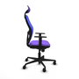 Silla de oficina Jorquera con mecanismo Sincro tapizada con Tela color Lila y malla color Azul. Equipada con lumbar 1D, Brazos 1D, Cabecero Fijo y Ruedas 65mm nailon