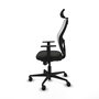 Silla de oficina Jorquera con mecanismo Sincro tapizada con Tela color Negro y malla color Blanco. Equipada con lumbar 1D, Brazos 1D, Cabecero 2D y Ruedas 65mm nailon
