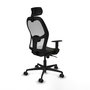 Silla de oficina Jorquera con mecanismo Sincro tapizada con Tela color Negro y malla color Blanco. Equipada con lumbar 1D, Brazos 1D, Cabecero 2D y Ruedas 65mm nailon