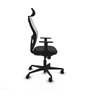 Silla de oficina Jorquera con mecanismo Sincro tapizada con Tela color Negro y malla color Blanco. Equipada con lumbar 1D, Brazos 1D, Cabecero 2D y Ruedas 65mm nailon