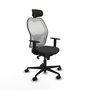 Silla de oficina Jorquera con mecanismo Sincro tapizada con Tela color Negro y malla color Blanco. Equipada con lumbar 1D, Brazos 1D, Cabecero 2D y Ruedas 65mm nailon