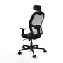 Silla de oficina Jorquera con mecanismo Sincro tapizada con Tela color Negro y malla color Blanco. Equipada con lumbar 1D, Brazos 1D, Cabecero 2D y Ruedas 65mm nailon