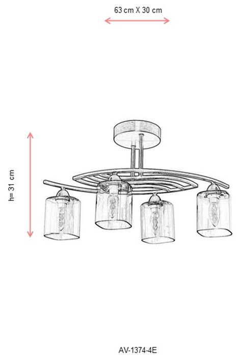 Opviq AV-1374-4E Lámpara de Araña de Metal y Cristal, Color Envejecido Cobre, 4 x E14 Max 4W, 63 x 30 cm