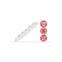 Phasak Regleta 5 Tomas Schuko Sin Interruptor Blanca Cable 1,5 Metros