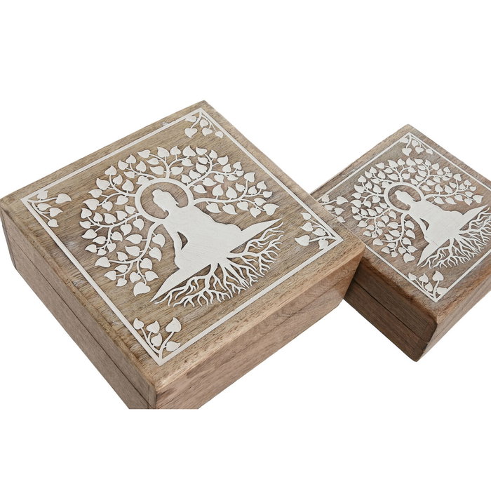 DKD Home Decor Set de 2 Joyeros Buda de Madera de Mango Blanco