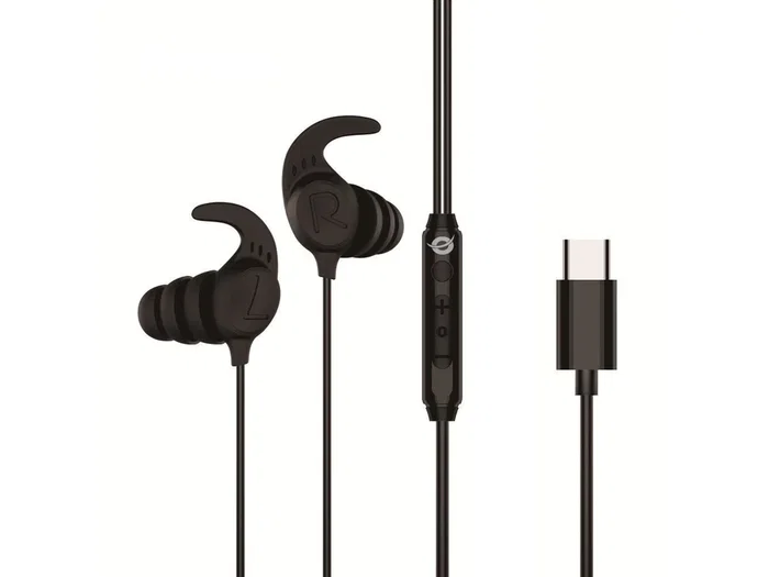 Conceptronic Brendan05B Auriculares In-Ear USB-C con Micrófono, Sonido Hi-Fi, Ganchos de Silicona, Cable 1.2m, Negro