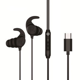 Conceptronic Brendan05B Auriculares In-Ear USB-C con Micrófono, Sonido Hi-Fi, Ganchos de Silicona, Cable 1.2m, Negro