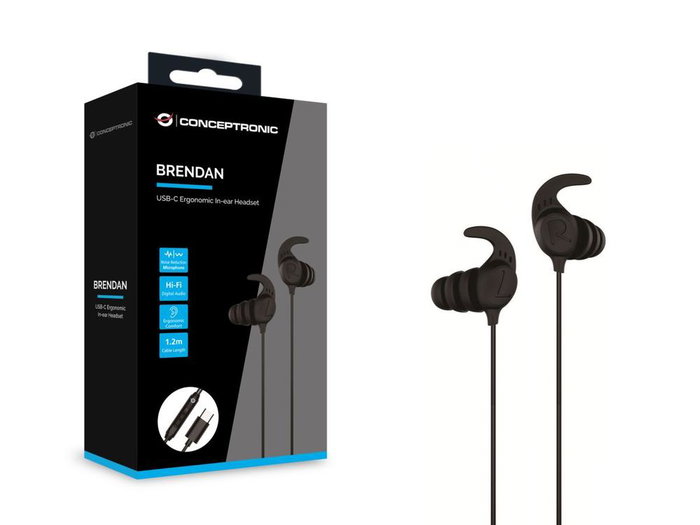 Conceptronic Brendan05B Auriculares In-Ear USB-C con Micrófono, Sonido Hi-Fi, Ganchos de Silicona, Cable 1.2m, Negro