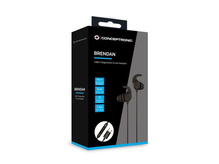 Conceptronic Brendan05B Auriculares In-Ear USB-C con Micrófono, Sonido Hi-Fi, Ganchos de Silicona, Cable 1.2m, Negro