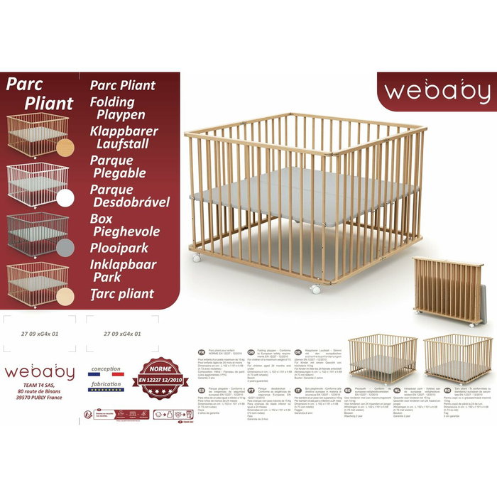Webaby Parque Plegable Cuadrado Cali 100 x 100 cm Haya Cruda